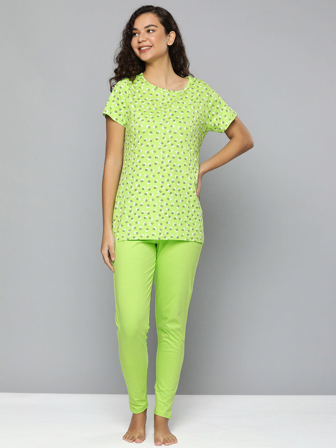 

HERE&NOW Women Lime Green Geometric Pure Cotton Night suit