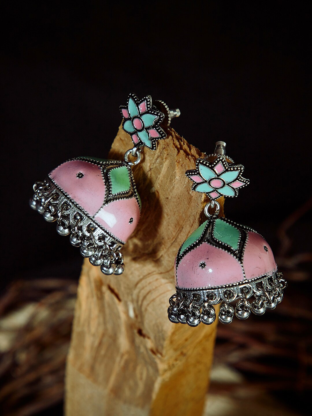 

GloBox By ZeroKaata Oxidised Silver-Plated Pink & Green Meenakari Jhumkas Earrings