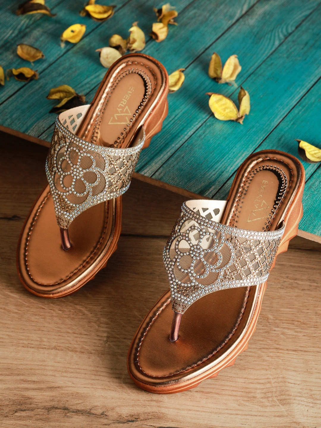 

EVERLY Copper-Toned Embellished Wedge Sandals