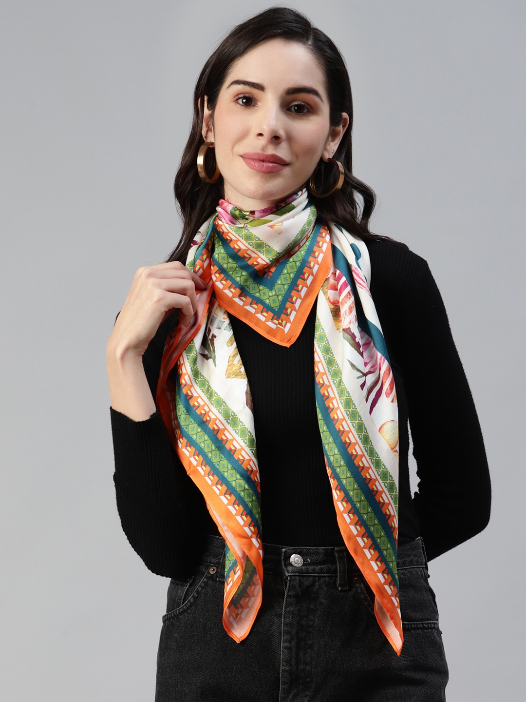 

MODARTA Women Cream-Coloured & Orange Floral Printed Scarf