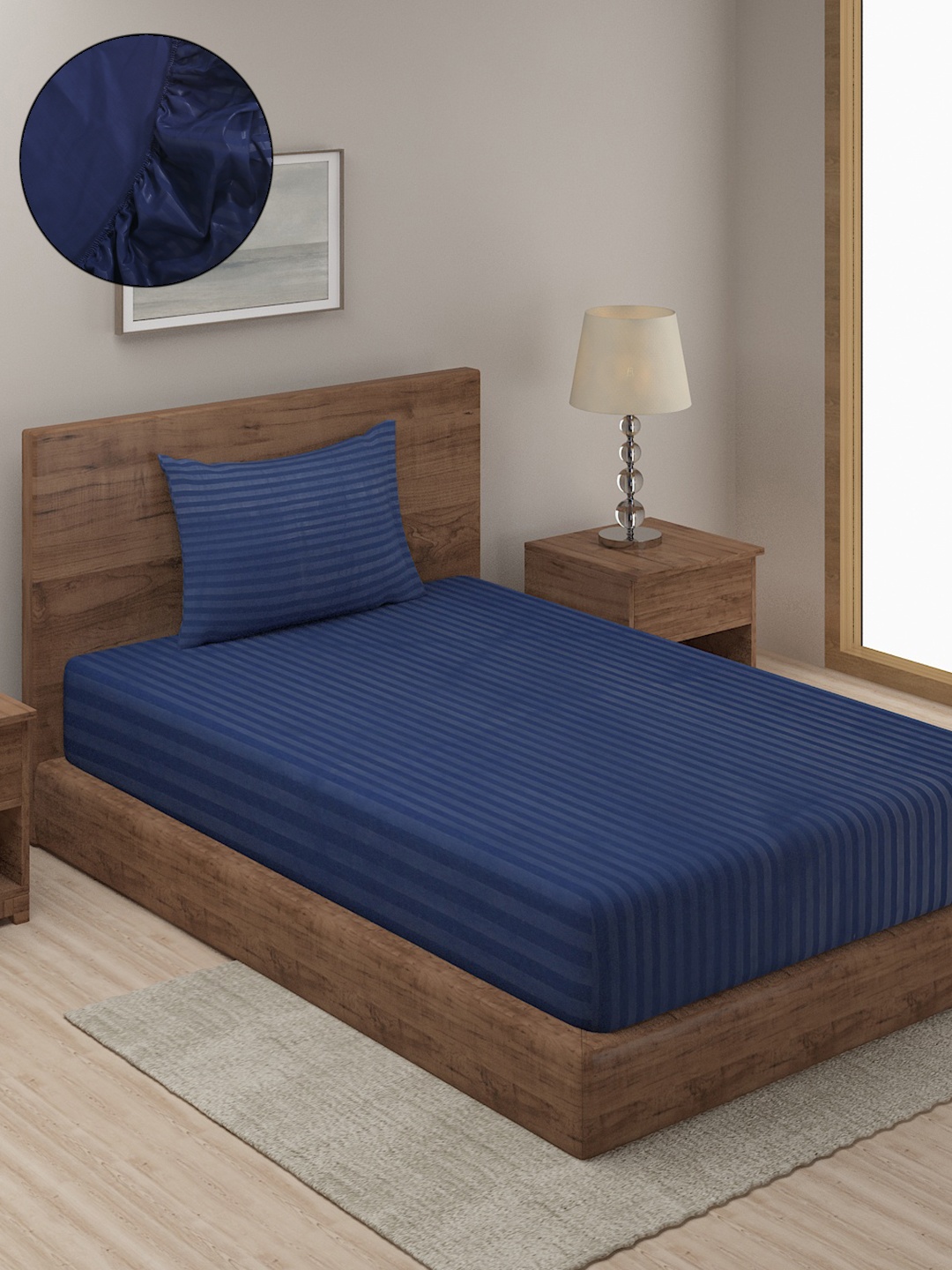 

HOSTA HOMES Navy Blue Striped 280 TC Single Bedsheet with 1 Pillow Covers