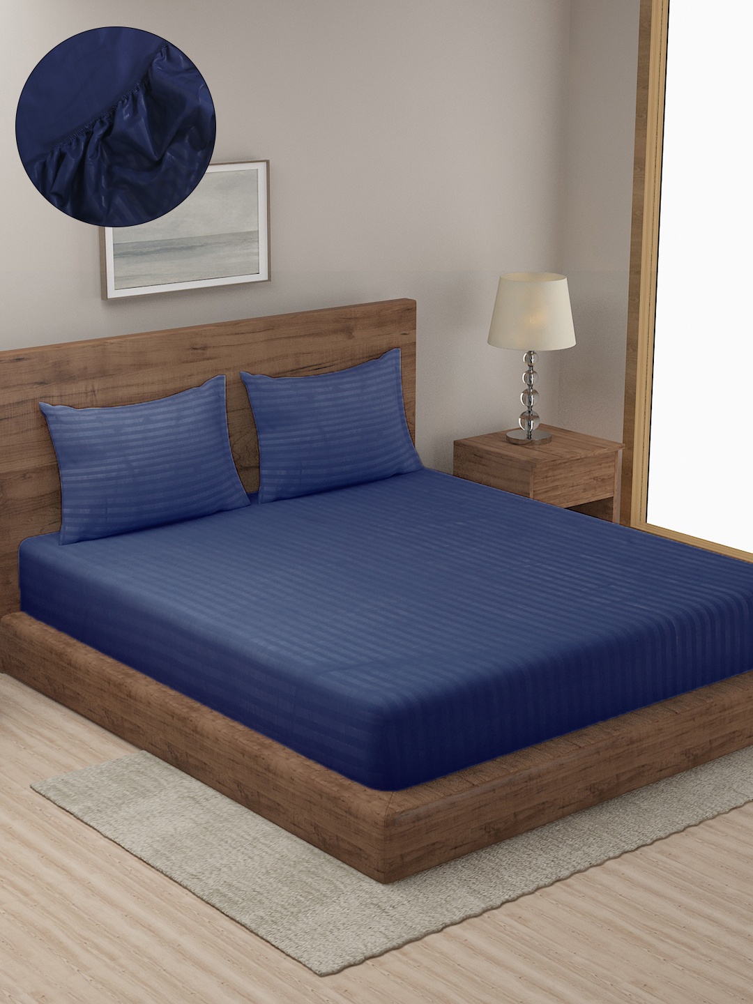 

HOSTA HOMES Navy Blue Striped 300 TC King Bedsheet with 2 Pillow Covers