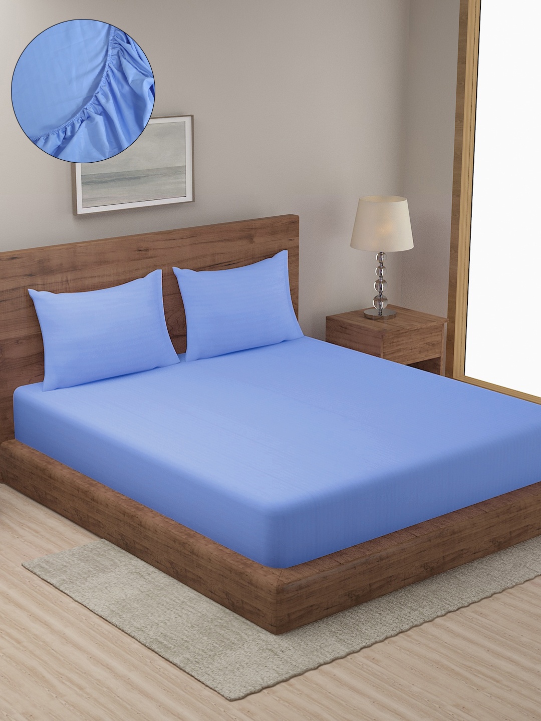 

HOSTA HOMES Blue Striped 300 TC Cotton Fitted King Bedsheet with 2 Pillow Covers