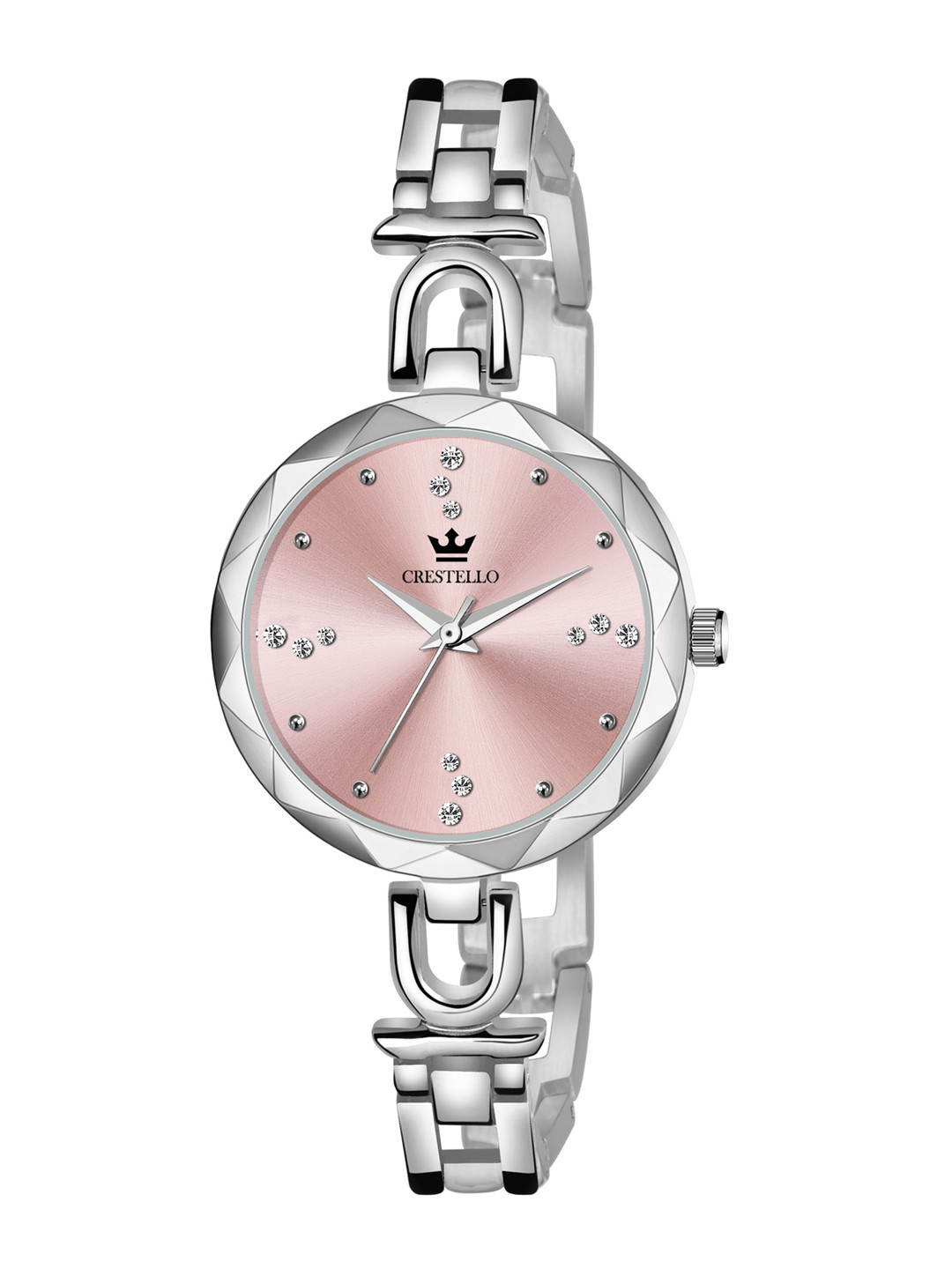 

CRESTELLO Women Pink Brass Embellished Dial & Silver Toned Bracelet Style Straps Analogue Watch