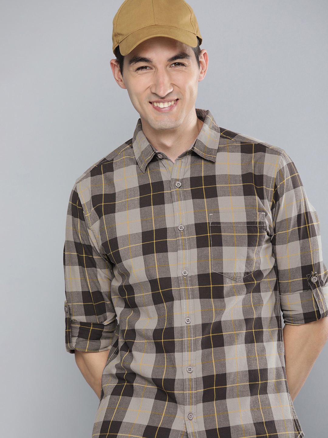 

HERE&NOW Men Charcoal Grey & Yellow Slim Fit Checked Casual Pure Cotton Shirt