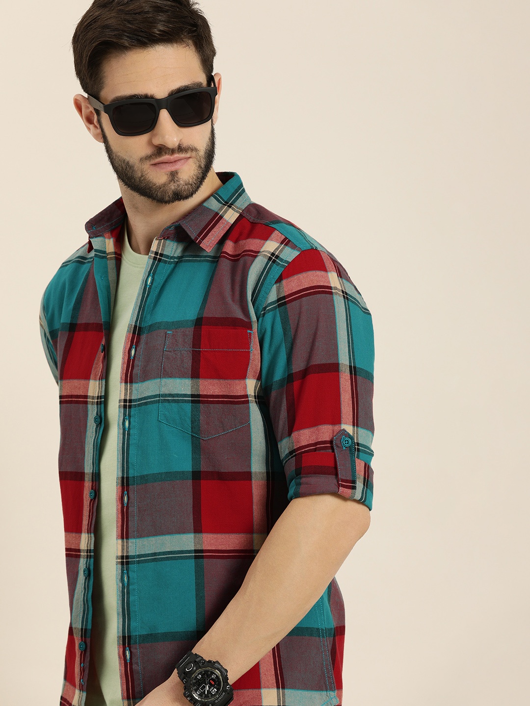 

Moda Rapido Men Blue And Red Slim Fit Checked Pure Cotton Casual Shirt