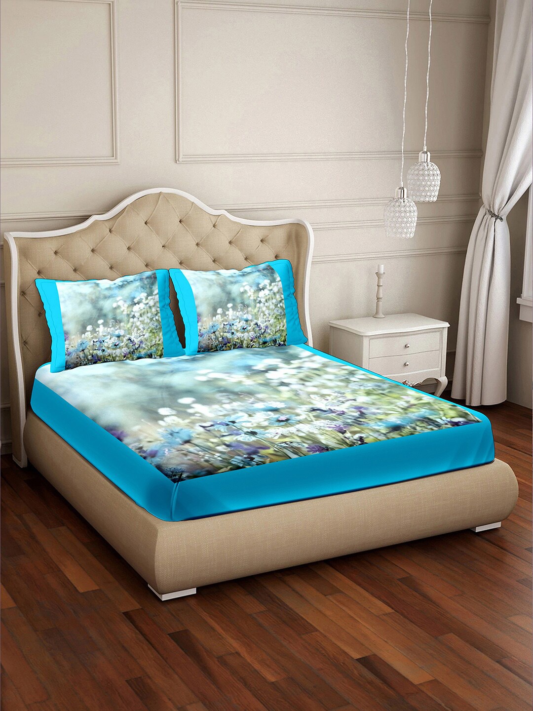 

BELLA CASA Blue & Green Floral 350 TC King Bedsheet with 2 Pillow Covers