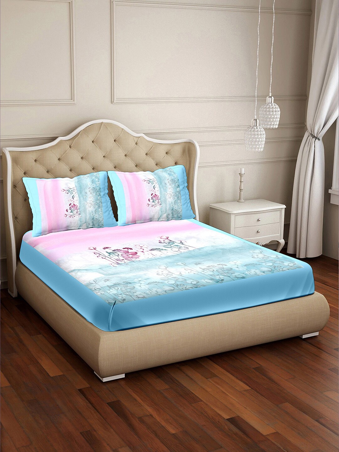 

BELLA CASA Turquoise Blue & Pink Floral 350 TC Cotton King Bedsheet with 2 Pillow Covers