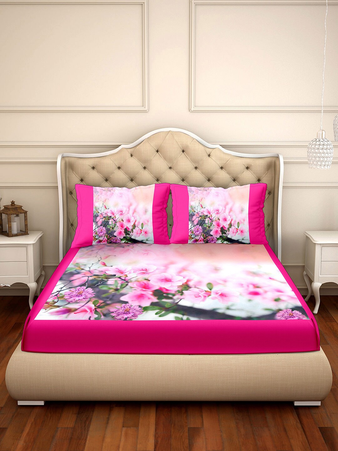 

BELLA CASA Pink & Green Floral 350 TC Cotton King Bedsheet with 2 Pillow Covers