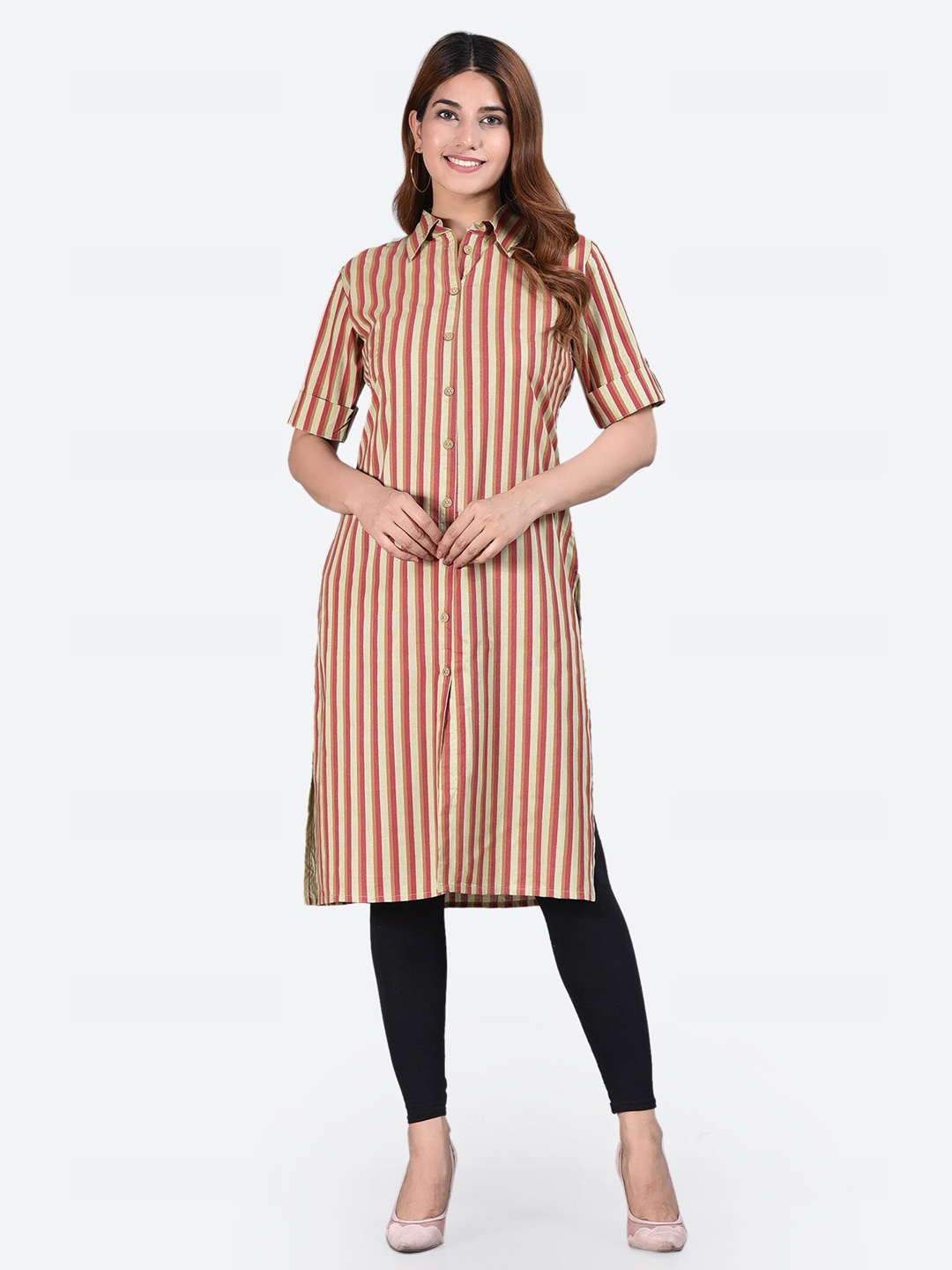 

Glorious Women Camel Brown Striped Straight Kurta