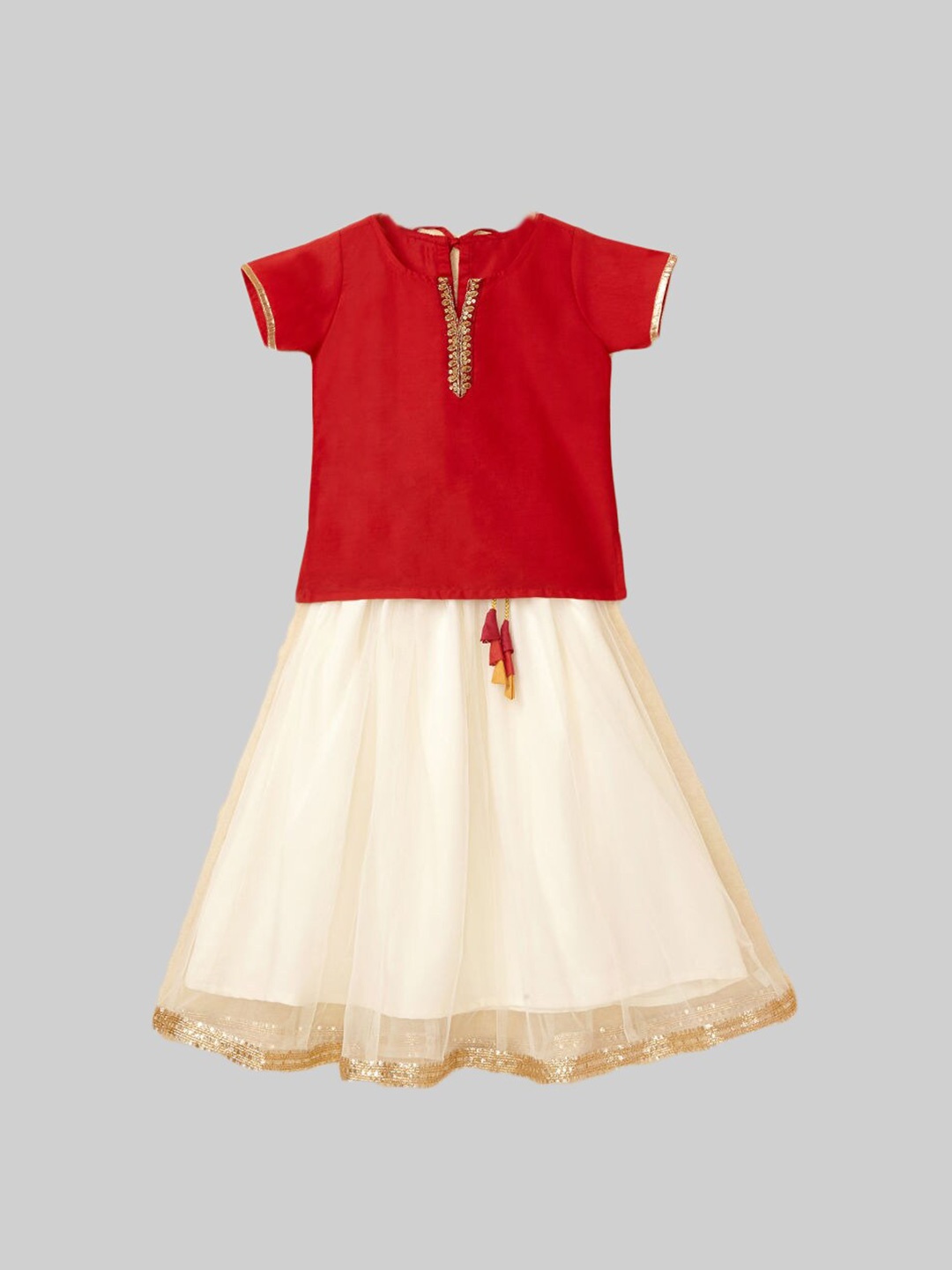 

The Magic Wand Girls Red & Cream-Coloured Ready to Wear Lehenga