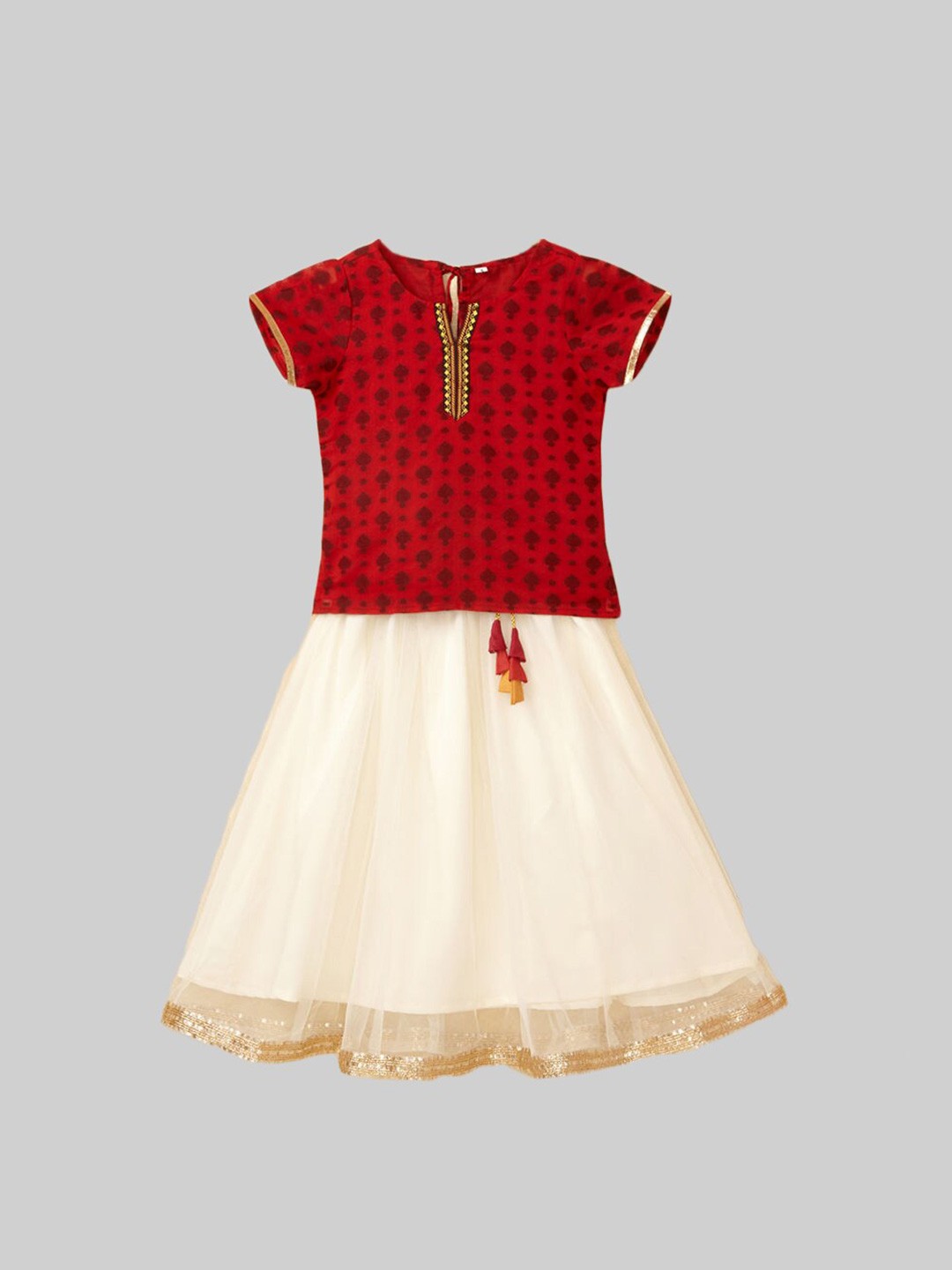 

The Magic Wand Girls Red & Cream-Coloured Printed Ready to Wear Lehenga