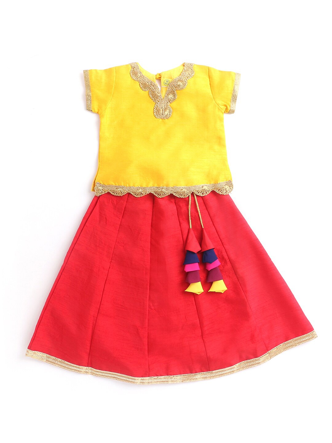 

The Magic Wand Girls Yellow & Coral Red Ready to Wear Lehenga