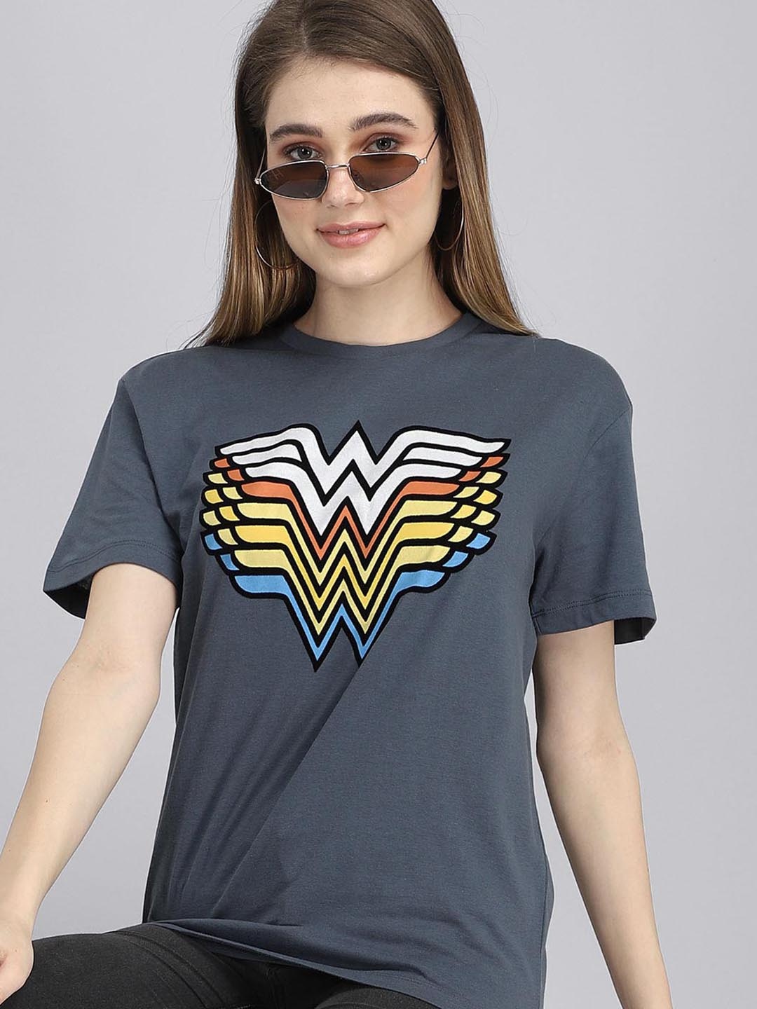 

Free Authority Women Grey & White Wonder Woman Pure Cotton Printed T-shirt