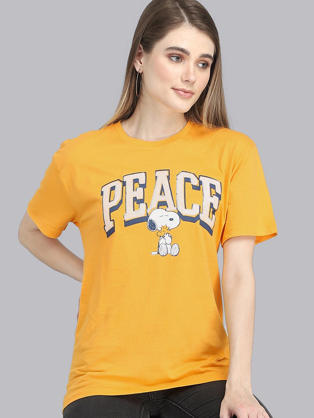 

Free Authority Women Yellow Peanuts Printed Cotton T-shirt