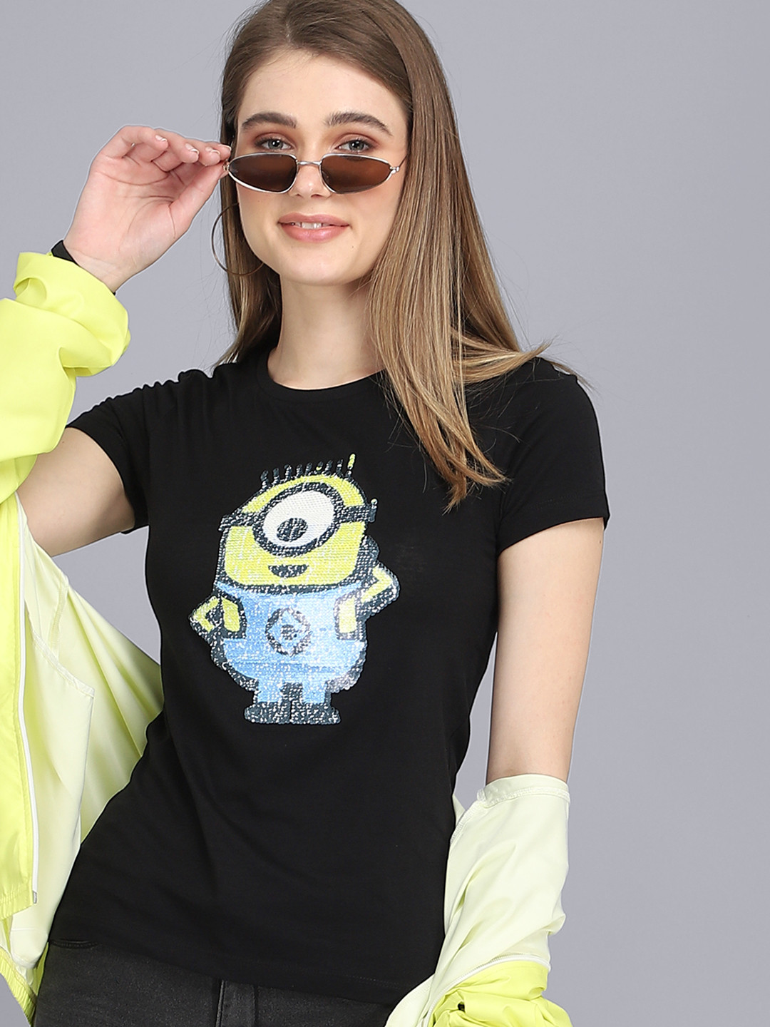 

Free Authority Women Black Minions Printed Pure Cotton T-shirt