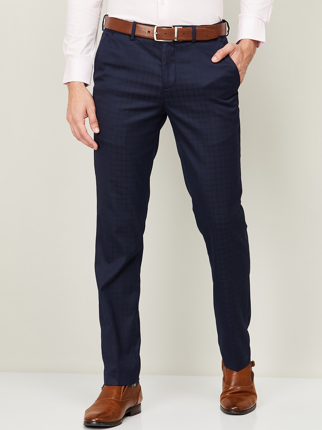 

CODE by Lifestyle Men Navy Blue Checked Slim Fit Trousers