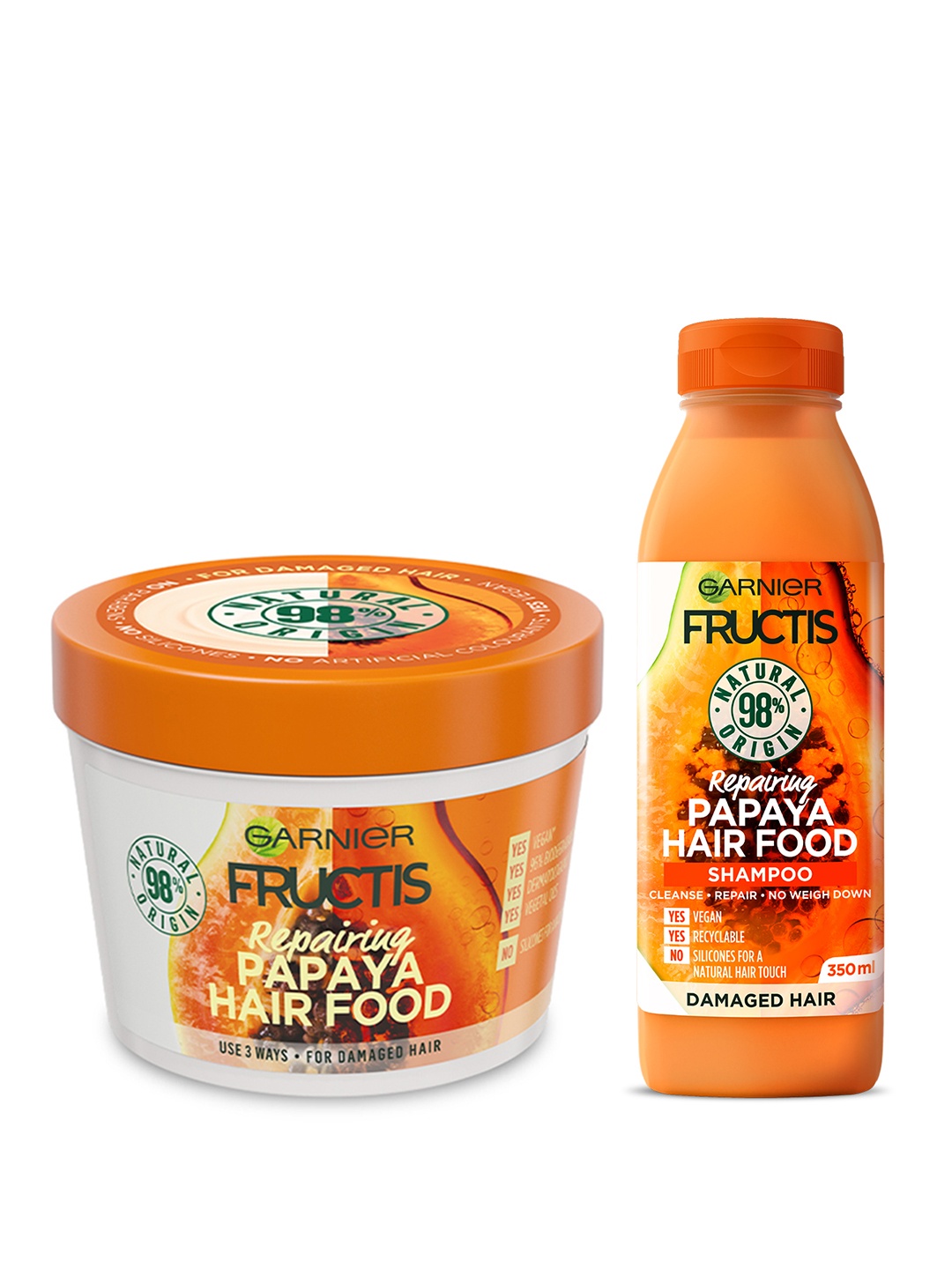 

Garnier Fructis Set of Papaya Hair Food Hair Mask 390 ml & Repairing Shampoo 350 ml, Orange