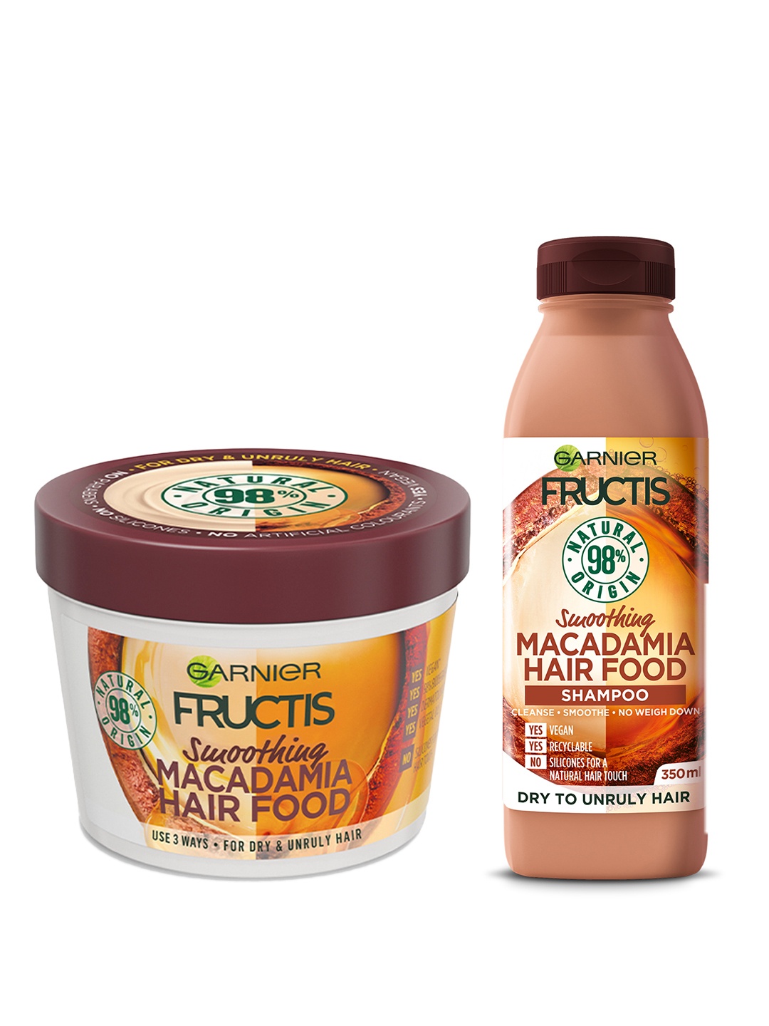 

Garnier Fructis Set of Macadamia Hair Food Hair Mask 390 ml & Smoothing Shampoo 350 ml, Brown