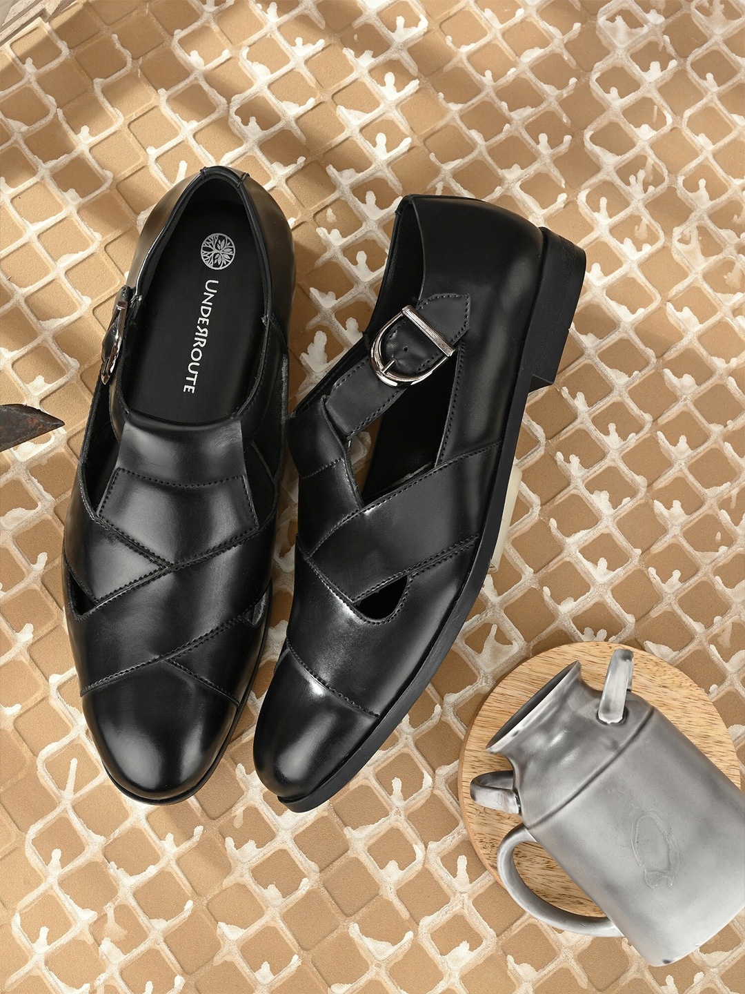 

UNDERROUTE Men Black Synthetic Leather Shoe-Style Sandals