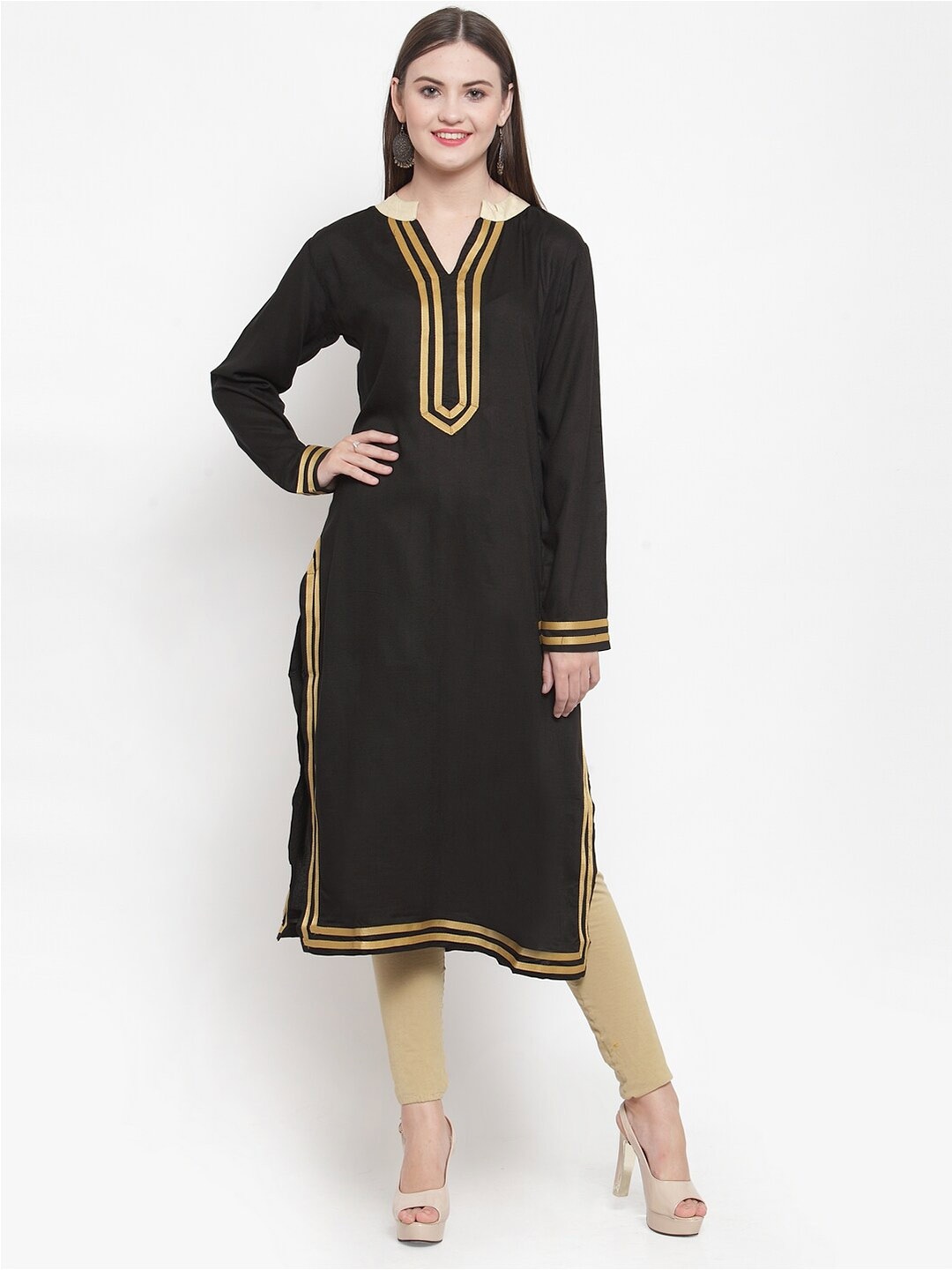 

WESTCLO Women Black & Gold Solid Gota Patti Detail Kurta