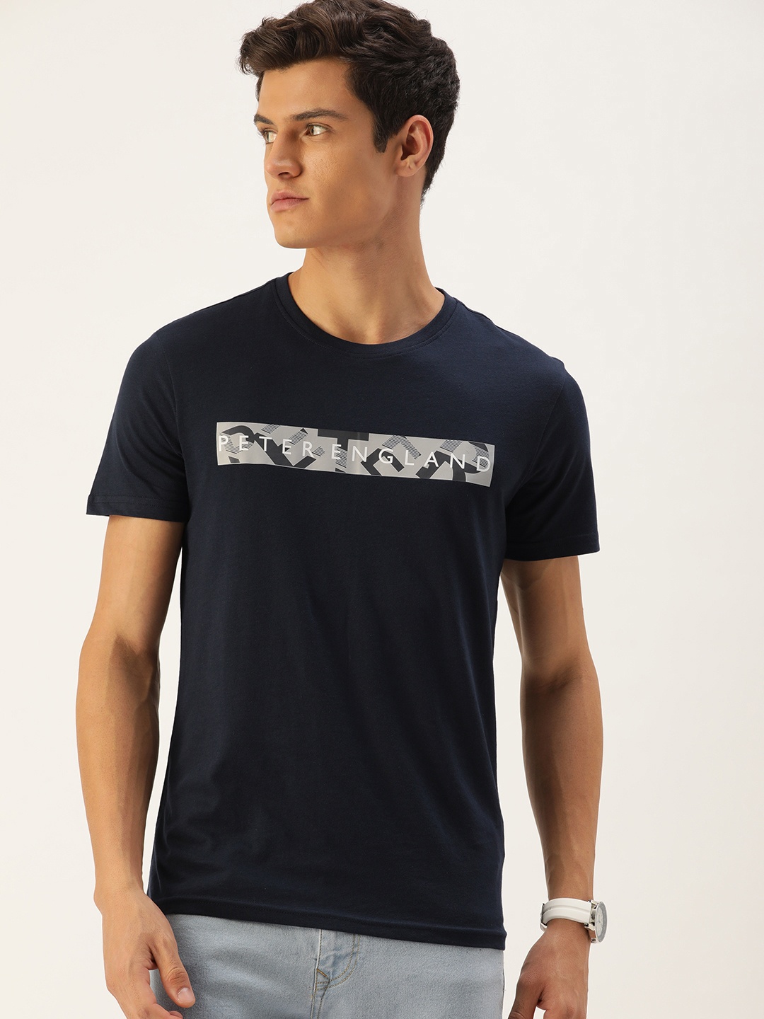 

Peter England Casuals Men Navy Blue Typography Printed T-shirt