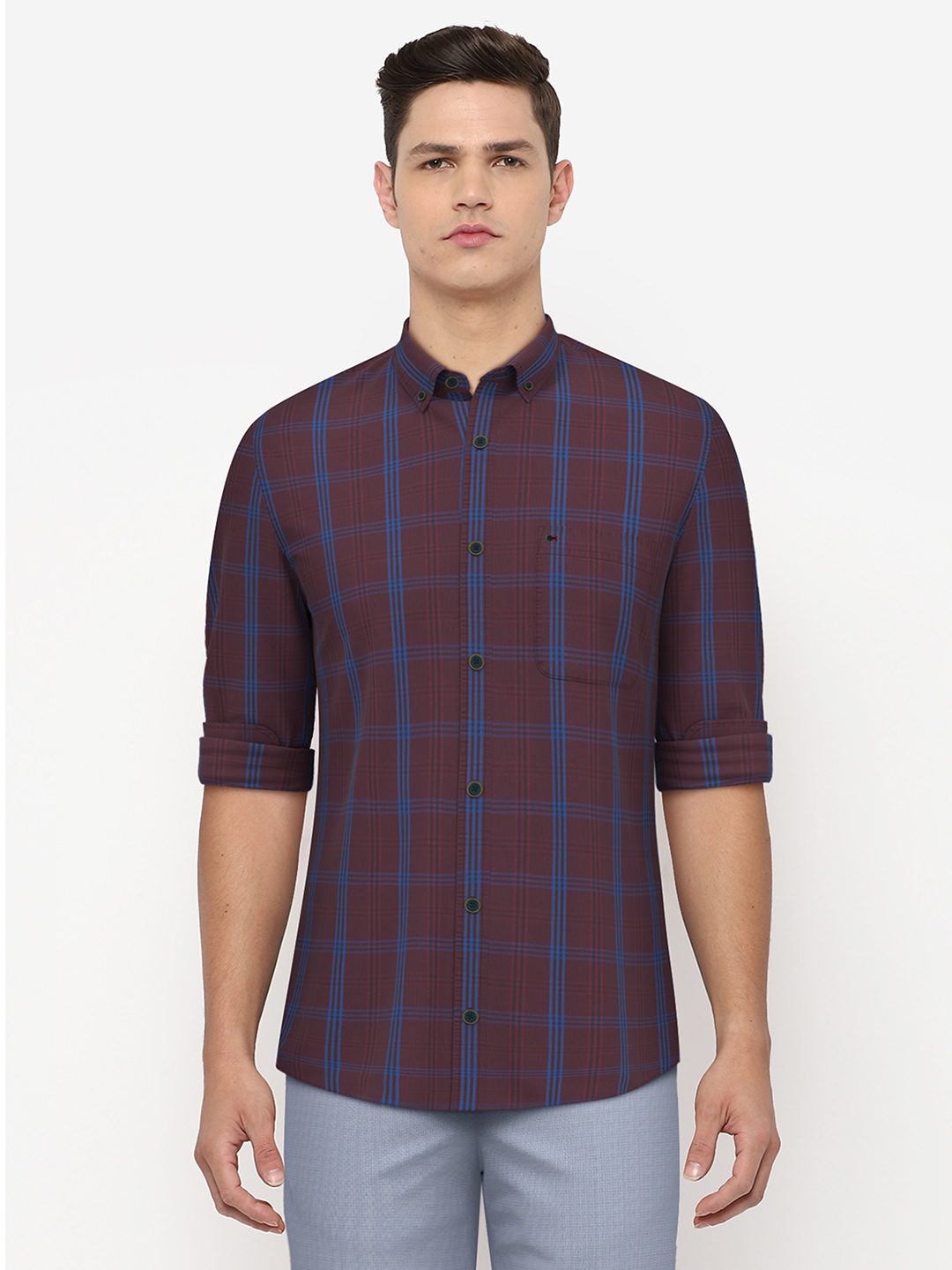 

Peter England Casuals Men Maroon & Blue Striped Slim Fit Casual Shirt