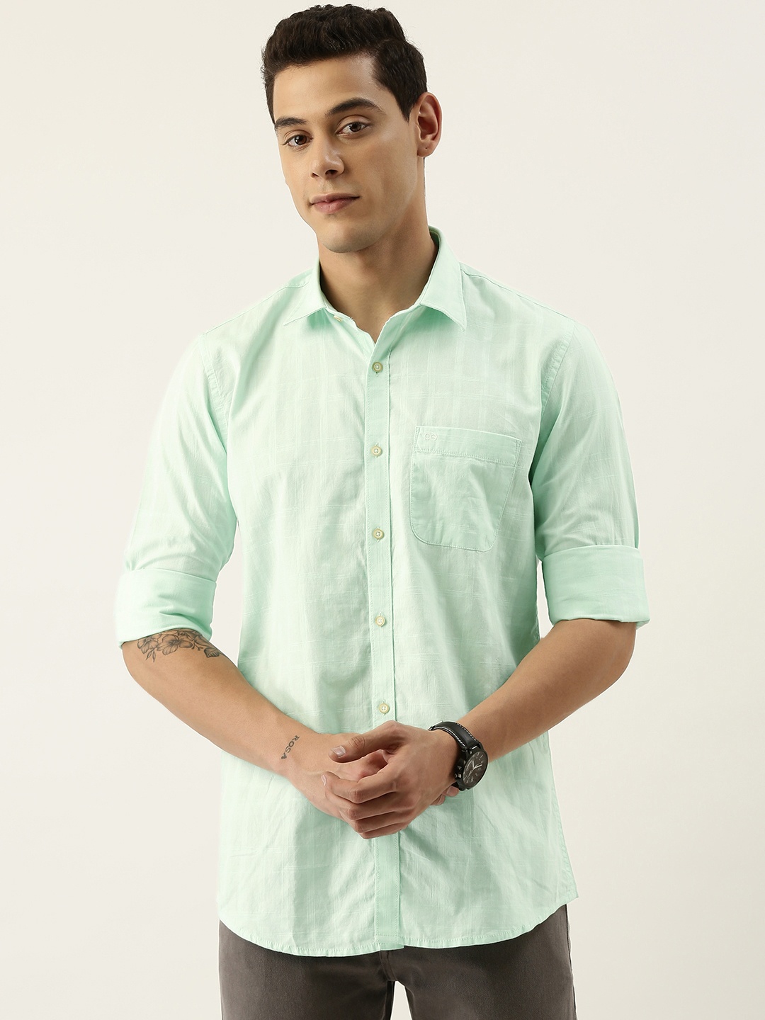

Peter England Casuals Men Sea Green Slim Fit Checked Casual Shirt