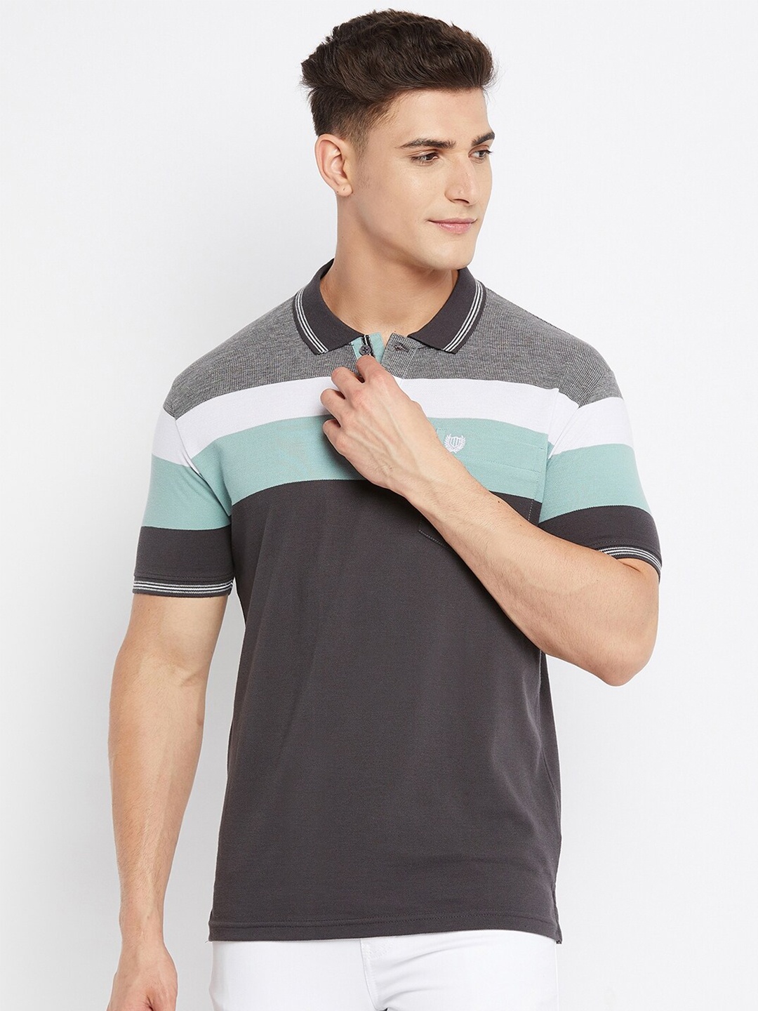 

Duke Men Grey Striped Polo Collar T-shirt