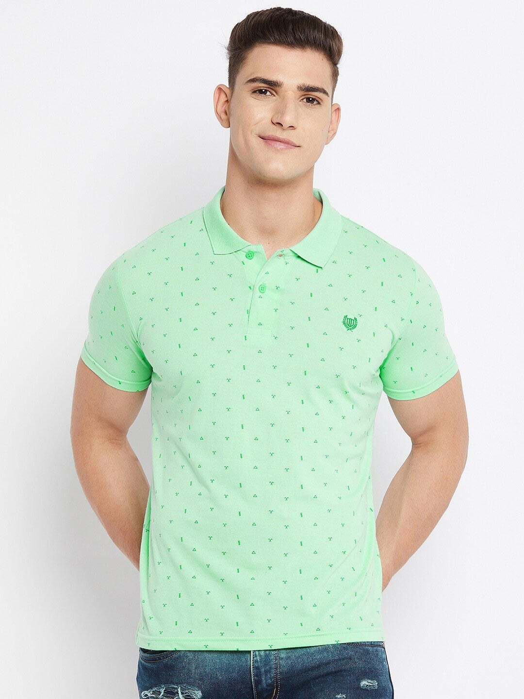 

Duke Men Green Printed Polo Collar Slim Fit Cotton T-shirt