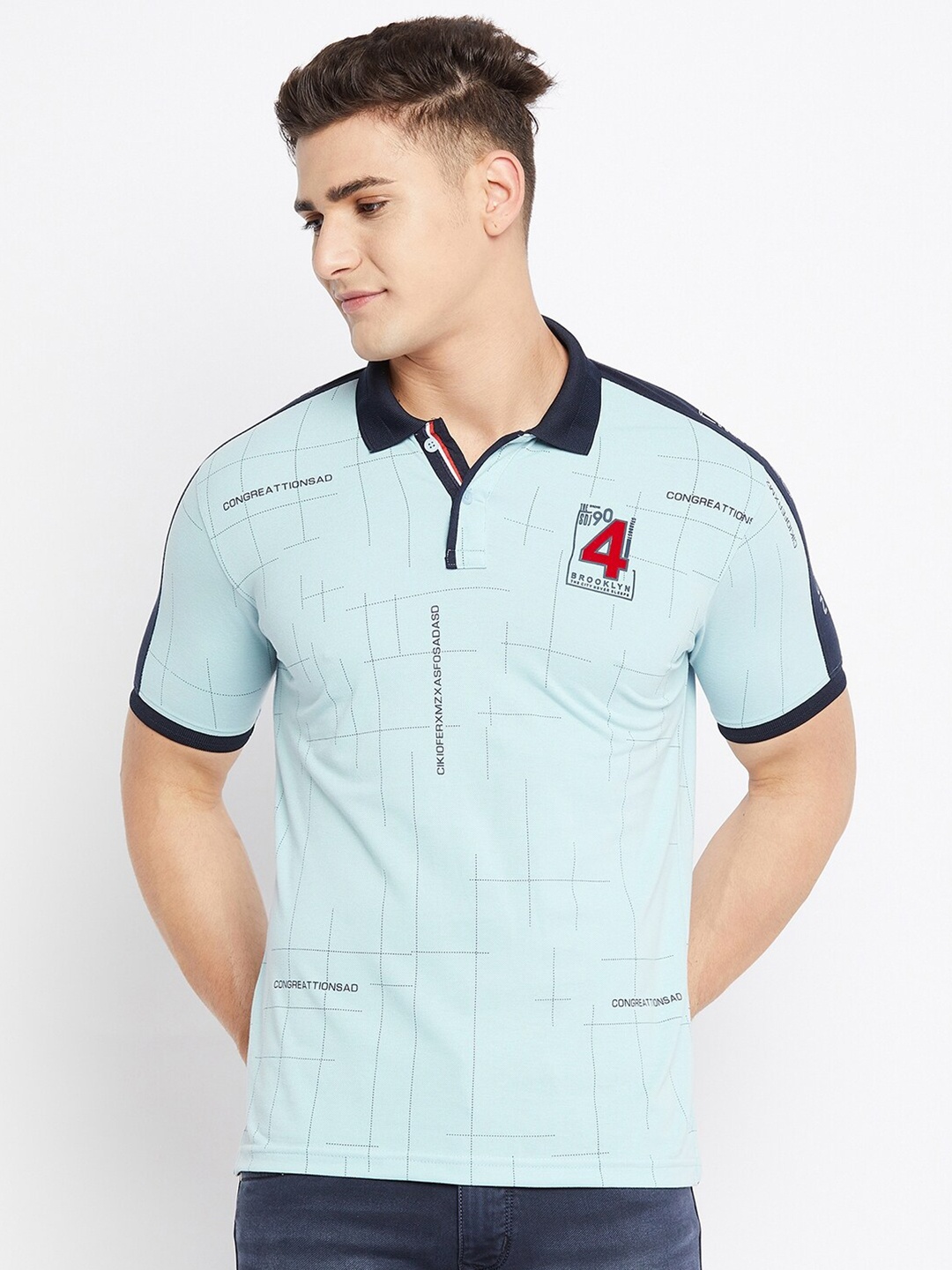 

Duke Men Blue & Navy Blue Printed Polo Collar Slim Fit T-shirt