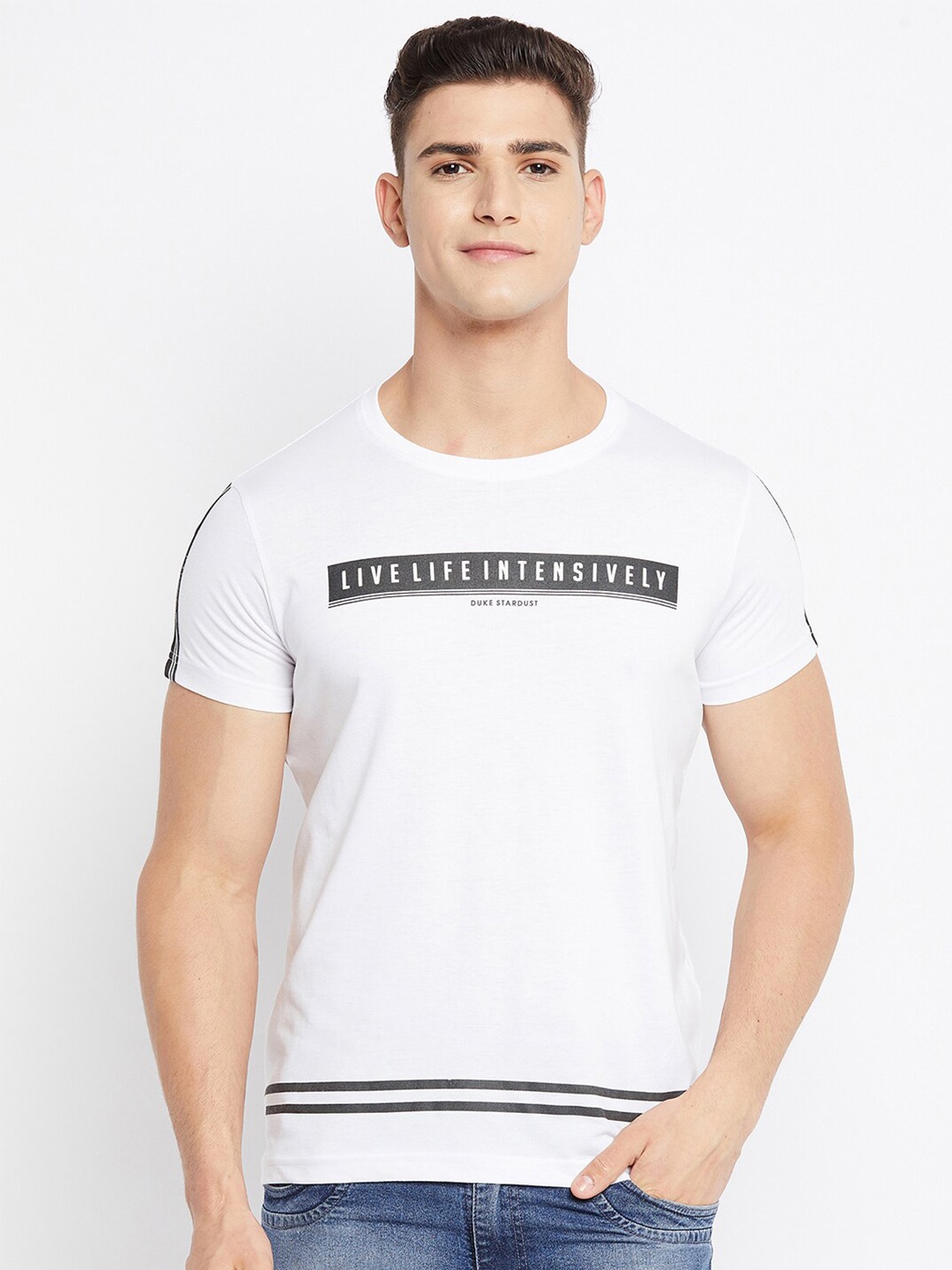 

Duke Men White Typography Printed Slim Fit Cotton T-shirt