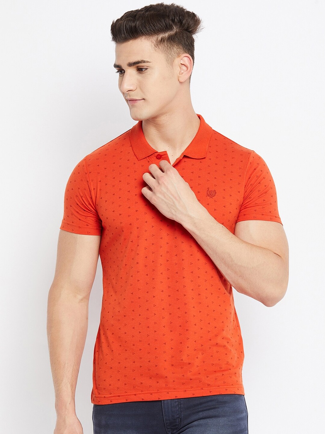

Duke Men Orange & Black Printed Polo Collar Slim Fit Cotton T-shirt