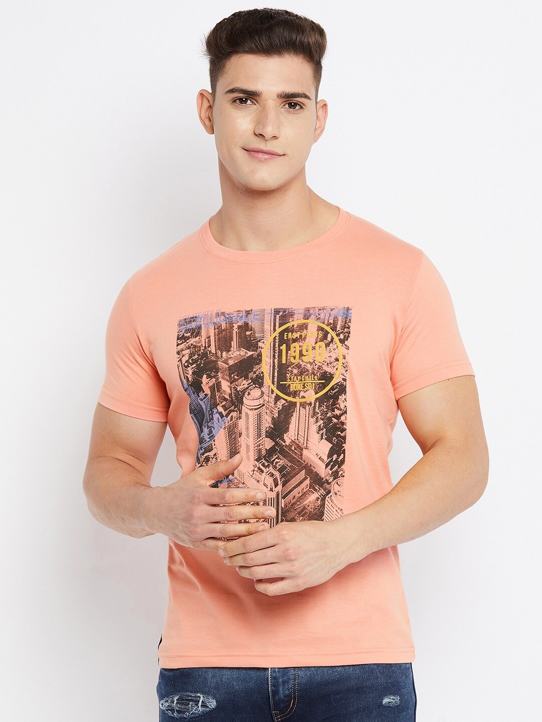 

Duke Men Peach-Coloured Printed Slim Fit Cotton T-shirt