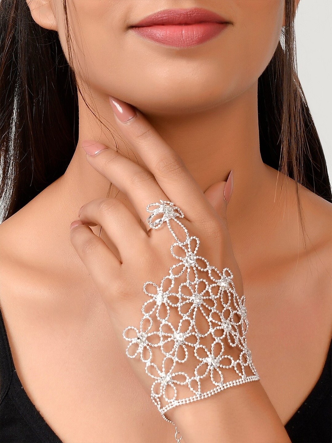 

AQUASTREET Women Silver-Plated White Crystals Ring Bracelet