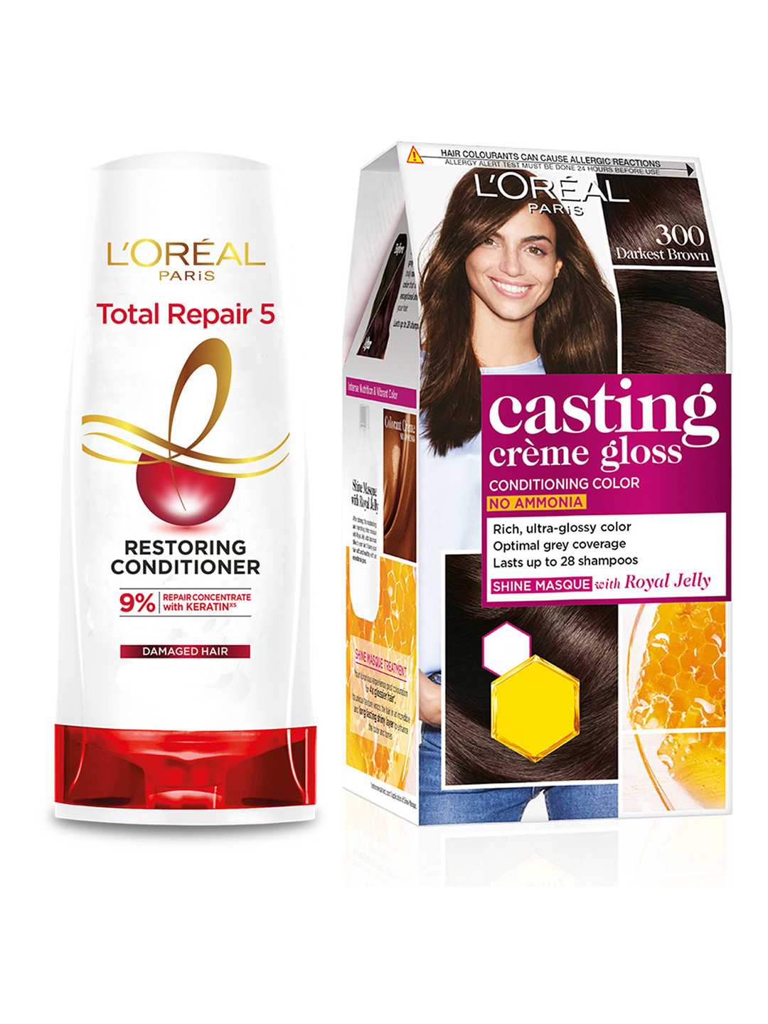 

LOreal Paris Set of Total Repair 5 Hair Conditioner & Casting Creme Hair Color - 300, Brown