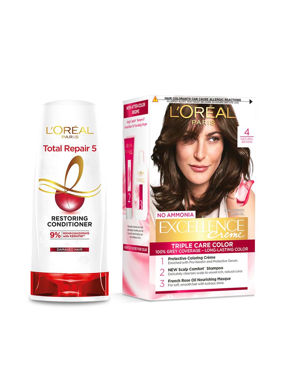 

LOreal Paris Total Repair 5 Conditioner 180ml & Excellence Hair Color-Shade 4 (72ml+100g), Brown