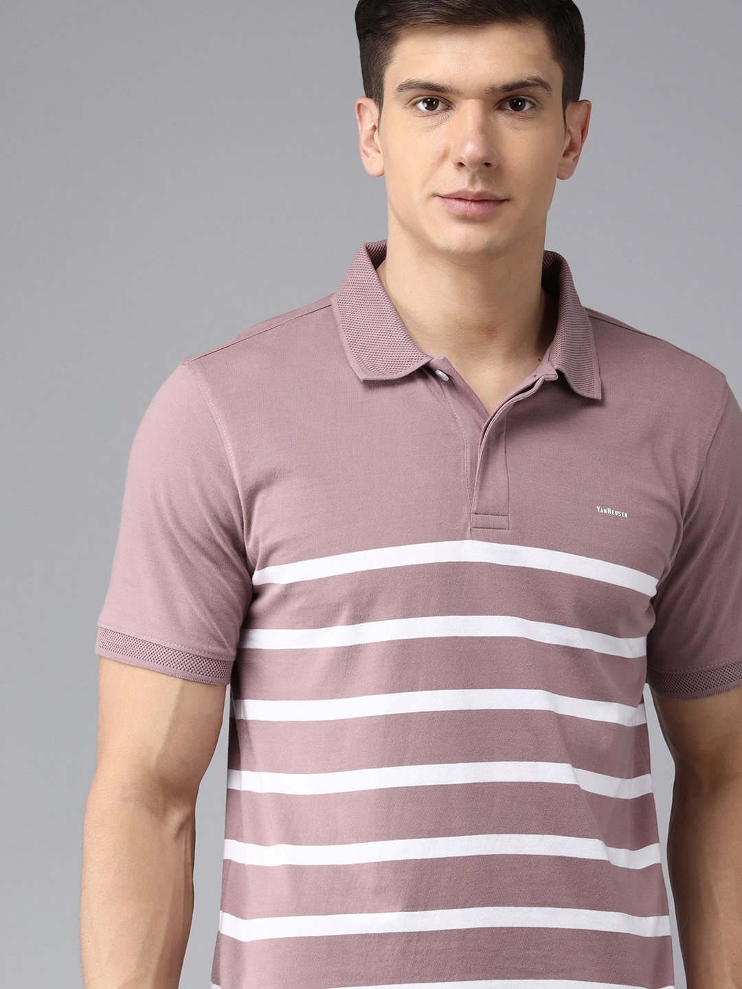 

Van Heusen Men Pink & White Striped Polo Collar Pure Cotton T-shirt