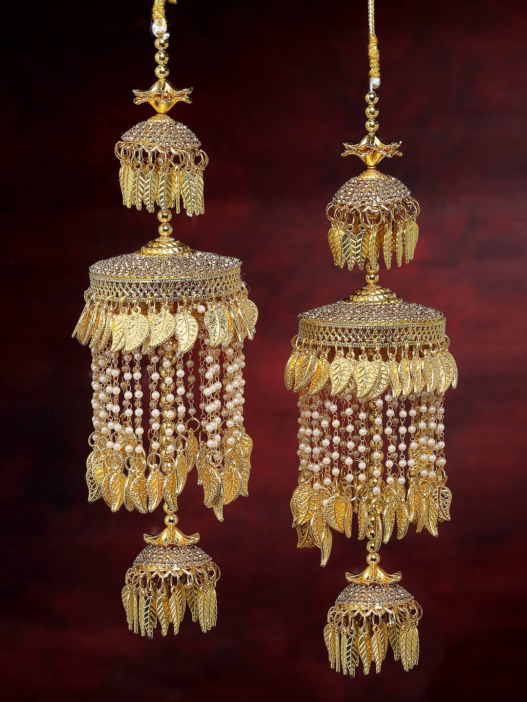 

PANASH Set Of 2 Gold-Plated White CZ Stone-Studded & Beads Heavy Bridal Kaleeras