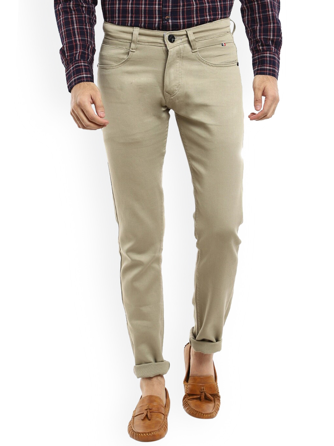 

V-Mart Men Green Slim Fit Easy Wash Cotton Trousers, Cream