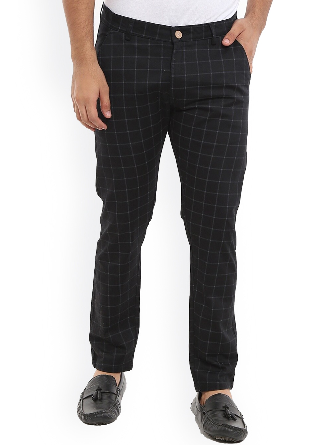 

V-Mart Men Black Checked Easy Wash Chinos Cotton Trousers