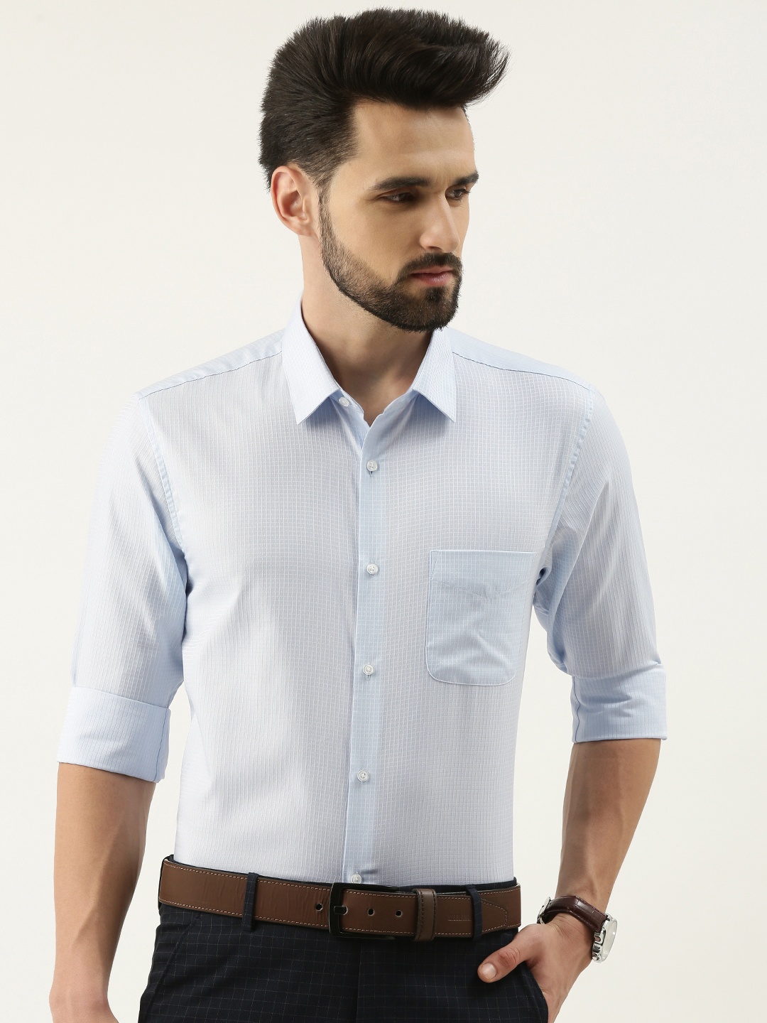 

Peter England Men Blue Slim Fit Micro Checks Opaque Formal Shirt with Chest Pocket