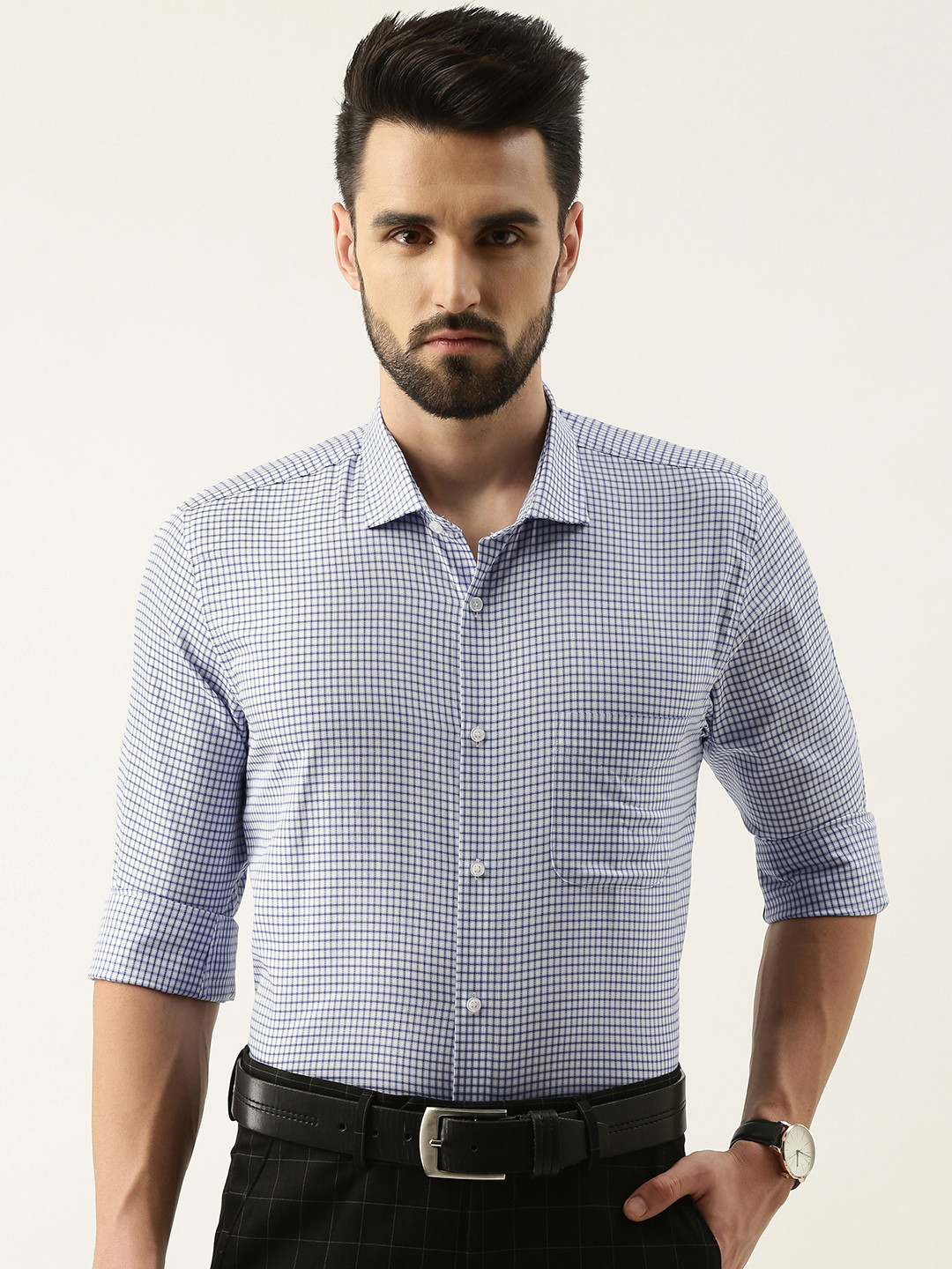 

Peter England Men Blue Slim Fit Grid Checks Opaque Pure Cotton Formal Shirt