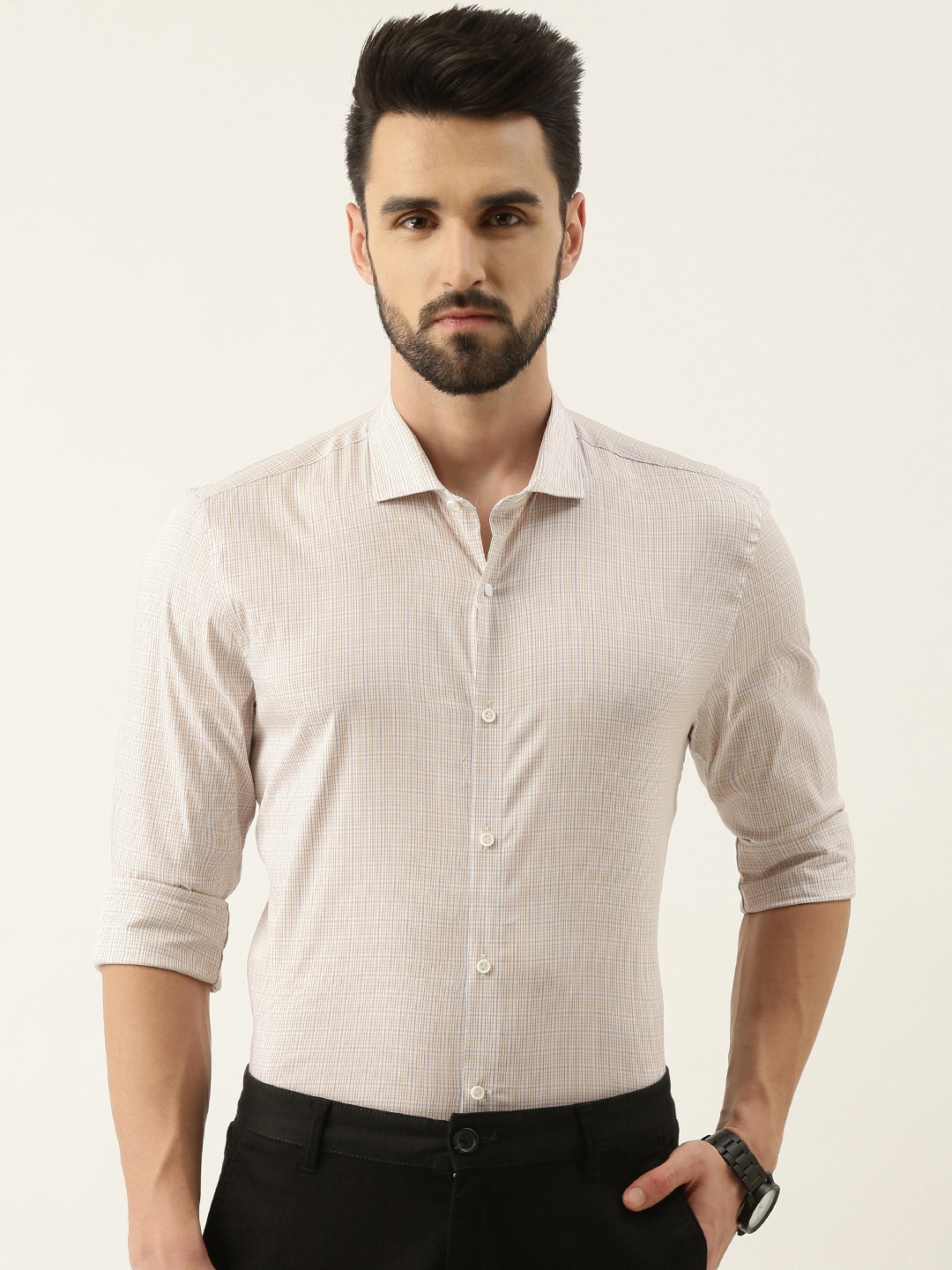 

Peter England Men Beige Slim Fit Checked Formal Shirt