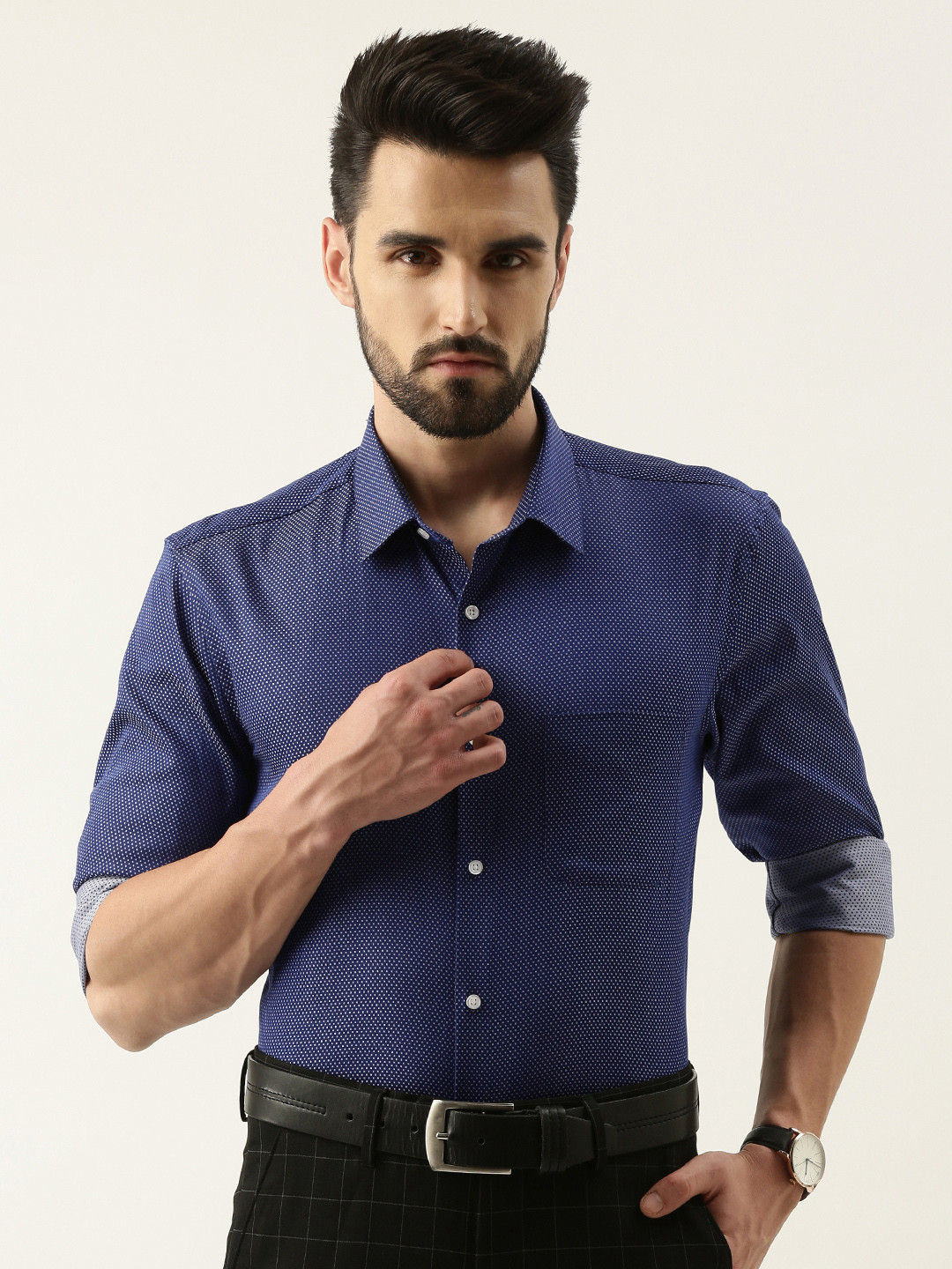 

Peter England Men Blue Slim Fit Textured Opaque Self Design Pure Cotton Formal Shirt