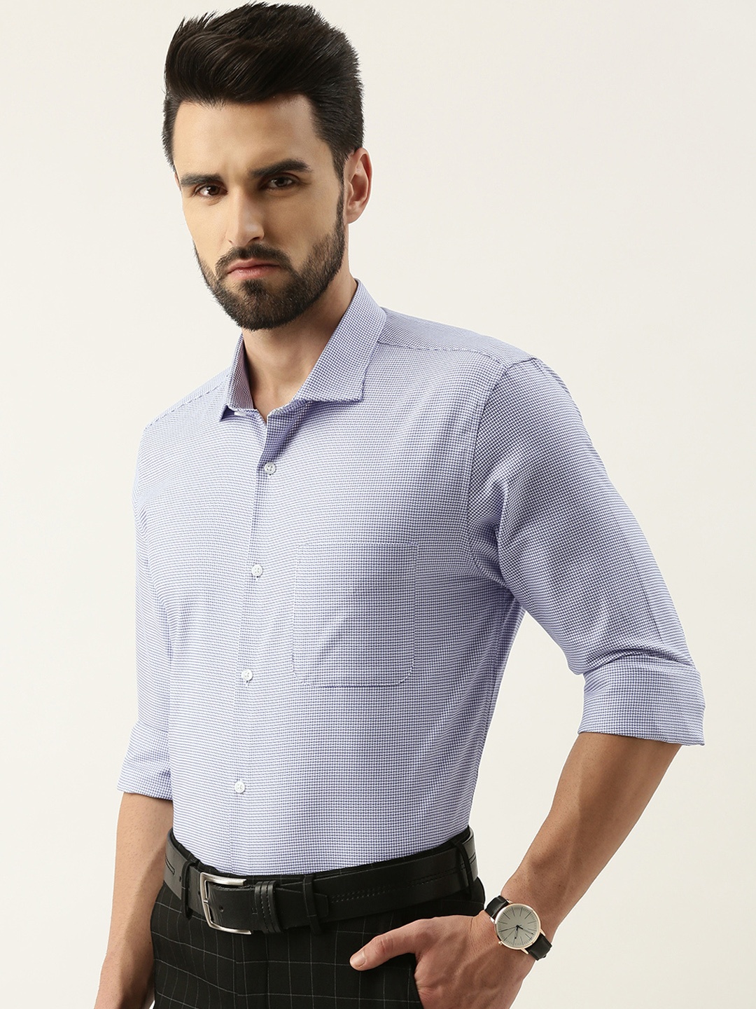 

Peter England Men Blue Slim Fit Textured Opaque Self Design Pure Cotton Formal Shirt