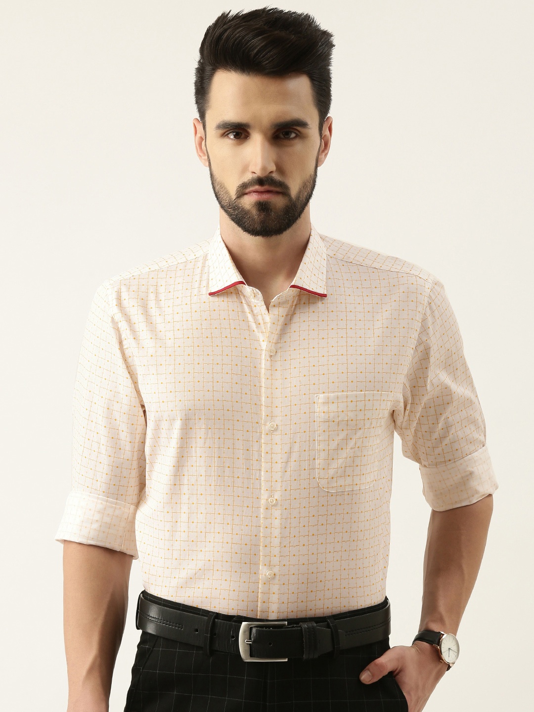 

Peter England Men Beige Slim Fit Printed Formal Pure Cotton Shirt