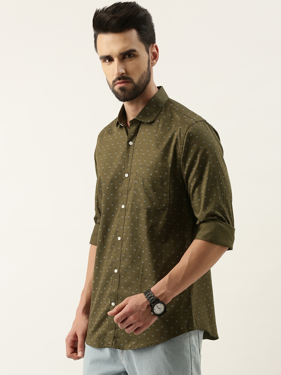 

Peter England Men Olive Green Slim Fit Geometric Opaque Printed Pure Cotton Casual Shirt