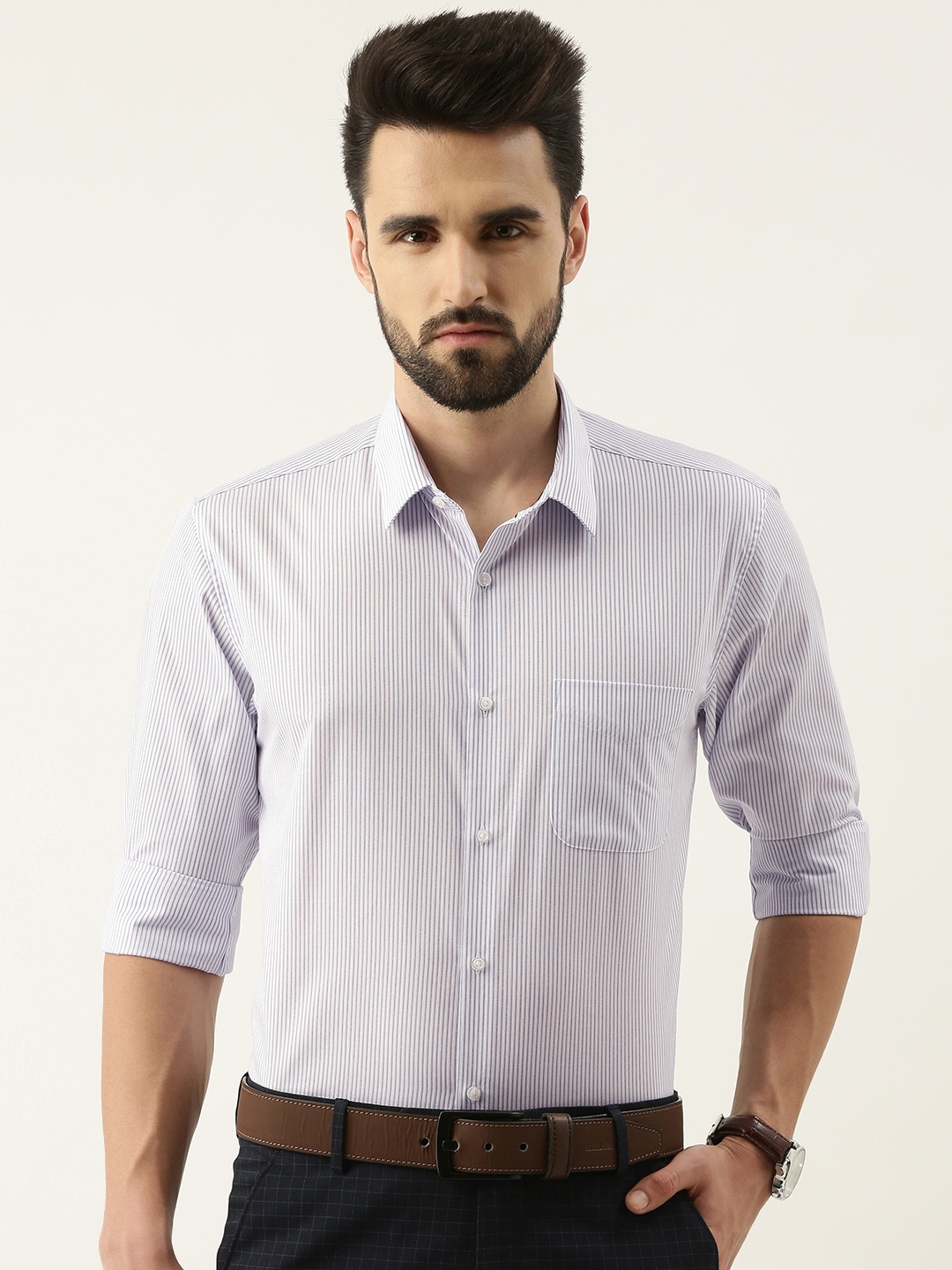 

Peter England Men Blue Slim Fit Multi Stripes Opaque Formal Shirt with Chest Pocket
