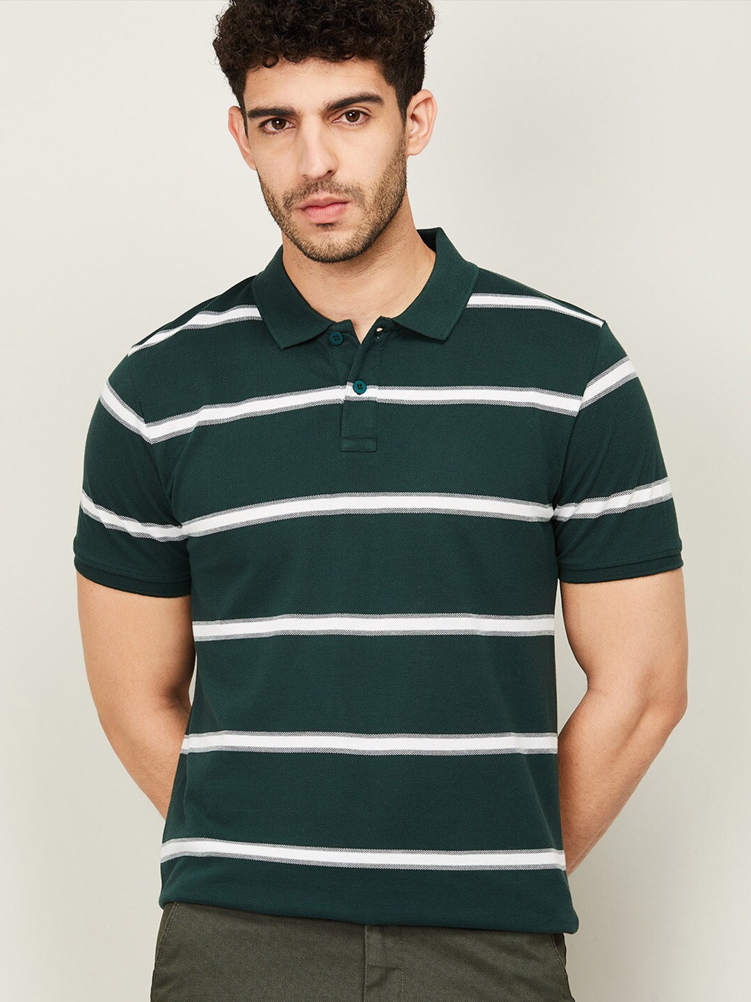 

CODE by Lifestyle Men Green Striped Polo Collar T-shirt